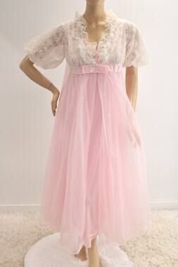 Vintage Radcliffe Long Sheer Chiffon Nightgown Peignoir Set M Pink Layers Ruffle